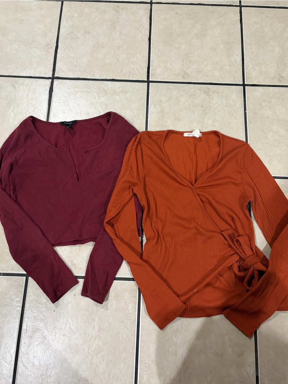 Rust Orange Long-Sleeve Wrap Top and Burgundy Long-Sleeve bundle